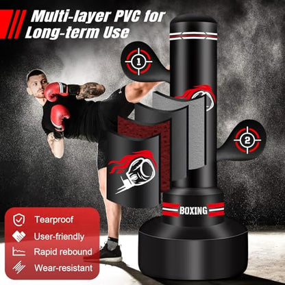 Heavy Freestanding Boxing Bag with Gloves, Pump and Jump Rope, Reflex Ball - color: Red and White