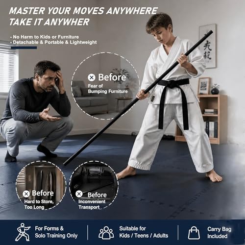 Collapsible Bo Staff 4ft & 6ft Detachable Foam Training Staff – Lightweight with Carry Bag, Safe Non-Slip Thickened Core for Home Practice, Martial Arts Kata Karate Kung Fu for Beginners Kids & Adults