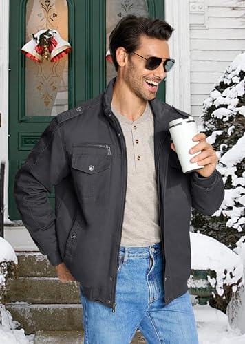 EKLENTSON Mens Winter Jacket with Multi Pockets Fleece Lined Military Coat - color: Dark Gery, size: Small