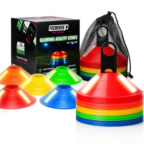 Agility Training Cones 25 Pack, Soccer Disc Cones with Holder, 5-Color Sports Cones for Speed - style: 50 Pack - Glowing