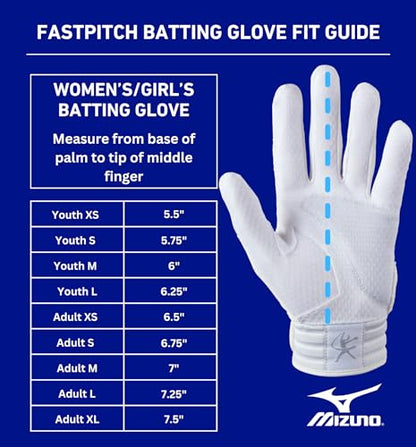 Mizuno Finch Softball Padded Batting Gloves | Pair | Adult and Youth | Nonslip Palm | Padded ShockPalm | FlexMesh Back | QuikAdjust Wrist Tab - color: White/Pink, size: Medium, style: Finch Youth Softball Padded Batting Glove