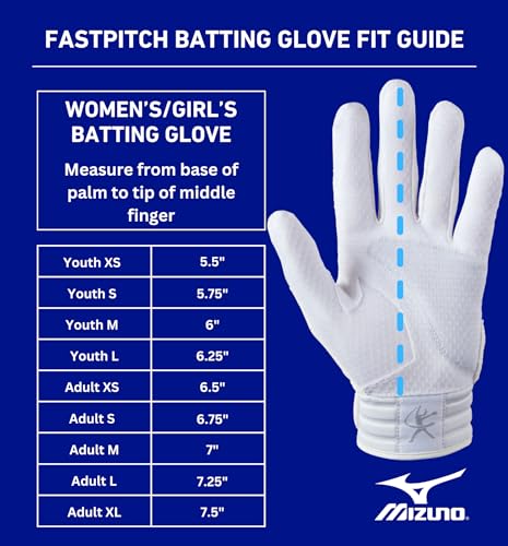 Mizuno Finch Softball Padded Batting Gloves | Pair | Adult and Youth | Nonslip Palm | Padded ShockPalm | FlexMesh Back | QuikAdjust Wrist Tab - color: White/Gold, size: X-Small, style: Finch Youth Softball Padded Batting Glove