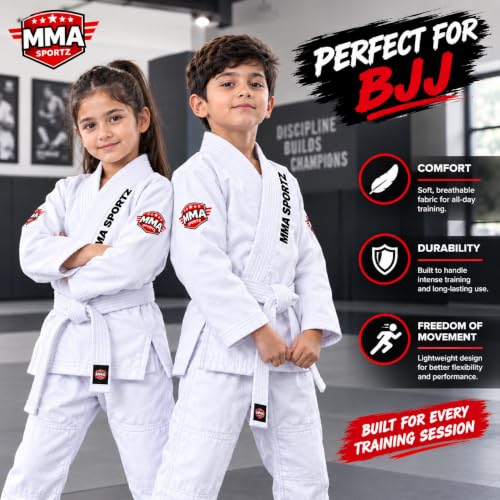Jiu Jitsu Gi for Kids & Teens – Lightweight Martial Arts Training Suit | 100% Cotton-Poly Blend | Free White Belt - color: White, size: M-3