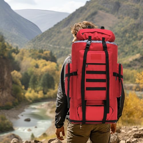 100L Hiking Camping Backpack MOLLE Rucksack Waterproof Daypack (Red) - color: Red