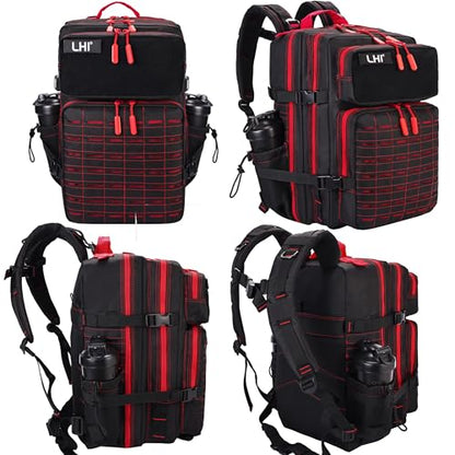 LHI Tactical Military Backpack for Men 25L/45L Large Molle Army Assault Pack 3 Day Hiking Rucksack With Bottle Holder - color: Bk-red Zipper, size: 45L
