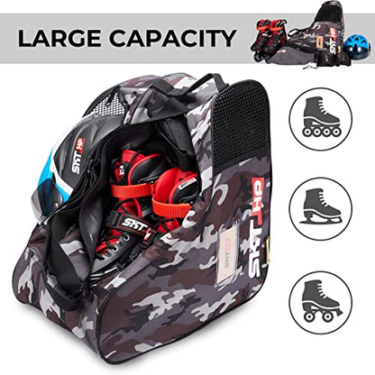 Roller Skate Bag with Adjustable Shoulder Strap for Kids and Adults to Hold Inline Skates and Knee Pads - color: Camo Grey