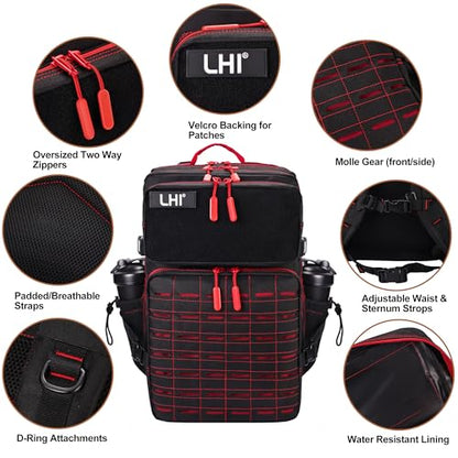 LHI Tactical Military Backpack for Men 25L/45L Large Molle Army Assault Pack 3 Day Hiking Rucksack With Bottle Holder - color: Bk-red Zipper, size: 45L