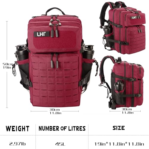 LHI Tactical Military Backpack for Men 25L/45L Large Molle Army Assault Pack 3 Day Hiking Rucksack With Bottle Holder - color: Red and Black, size: 45L