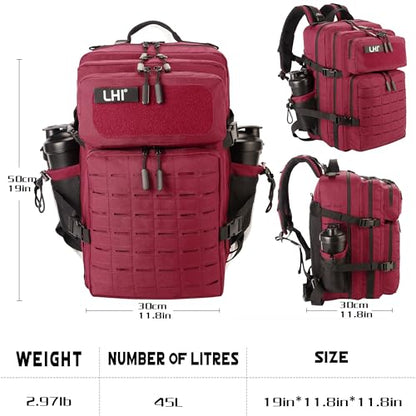 LHI Tactical Military Backpack for Men 25L/45L Large Molle Army Assault Pack 3 Day Hiking Rucksack With Bottle Holder - color: Red and Black, size: 45L
