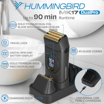 HUMMINGBIRD MK17 DualPro Foil Shaver & Beard Trimmer for Men – Gold Titanium Blades, Turbo Shaving & Torque Control, Metal Body, Digital Battery & RPM Display, Wet/Dry, USB-C & Wireless Charging Dock - size: MK17 DualPro