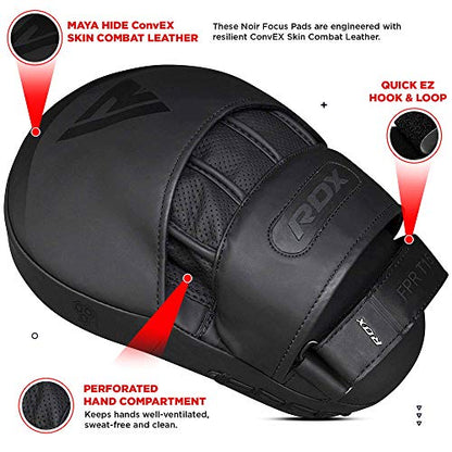 RDX Boxing Pads Focus Mitts, Convex Skin Leather Curved Hand Pad with Adjustable Strap, Hook and Jab Hand Strike Shield for MMA, Martial Arts, Punching Target, Muay Thai Training Matte Black