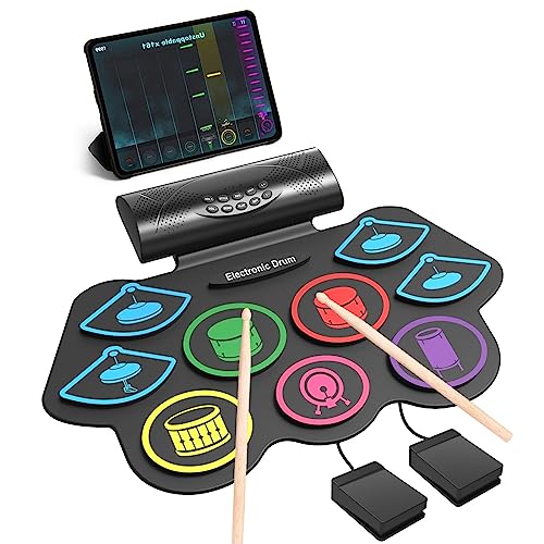 9 Pad Electronic Drum Set, Roll Up Portable Drum Pad Kit with MIDI Bluetooth, Built-in Speaker, Supports Headphone/Bluetooth, Great Christmas & Birthday Gift Gift for Kids and Beginners