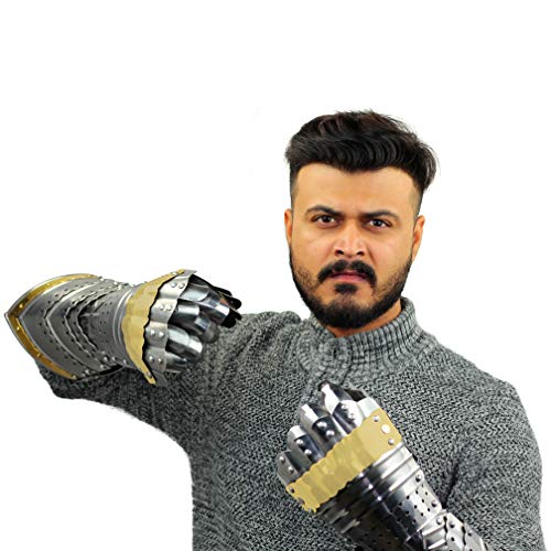 Nagina International Medievalz Warrior Steel Gothic Knight Style Warrior Functional Gloves & Gauntlets | Brass Accent