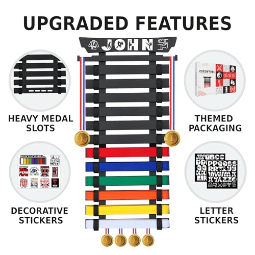 10/12 Belts Karate Belt Display Rack, Pure Bamboo Wood, Themed Stickers, Medal Hangers - Taekwondo Belt Display, Jiu Jitsu, BJJ, Martial Arts - color: BLACK, style: 12 BELTS