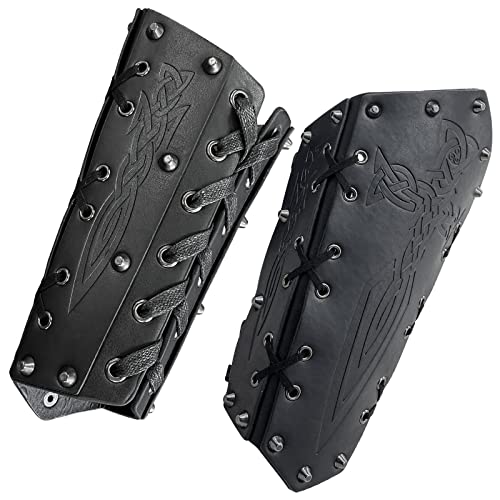 HiiFeuer Medieval Embossed Arm Bracers, Retro Faux Leather Knight Arm Gauntlets, Vintage Arm Guards - color: Black B