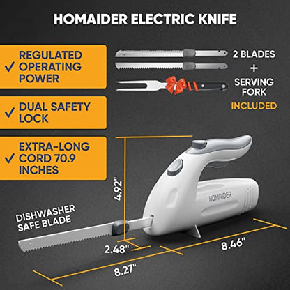 Homaider Electric Knife for Meat Slicing, Turkey, Carving Meat, Bread & More | Ergonomic Handle + 2 Carving Reciprocating Stainless Steel Blades and Serving Fork Included, 6 Foot Cord (Pack of 2) - size: Knife (Pack of 2)