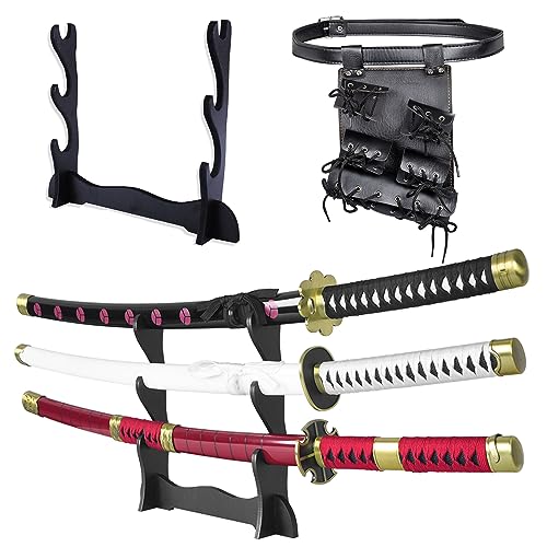 Adust Carbon Steel Roronoa Zoro Swords, Real Metal Anime Sword, Roronoa Zoro Cosplay Costume 41 inch Overall, Japanese Zoro Katana Samurai Sword 3-Piece Set/4-Piece Set - color: Set A-Kitestu/Shusui/Wado Ichimonji