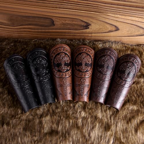 Leather Bracers for Men - Viking Embossed Medieval Arm Archery Guard Gauntlet Costumes - color: Hbr059-tree Coffee