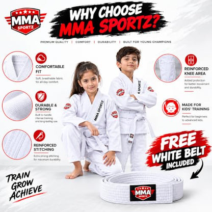 Jiu Jitsu Gi for Kids & Teens – Lightweight Martial Arts Training Suit | 100% Cotton-Poly Blend | Free White Belt - color: White, size: M-0