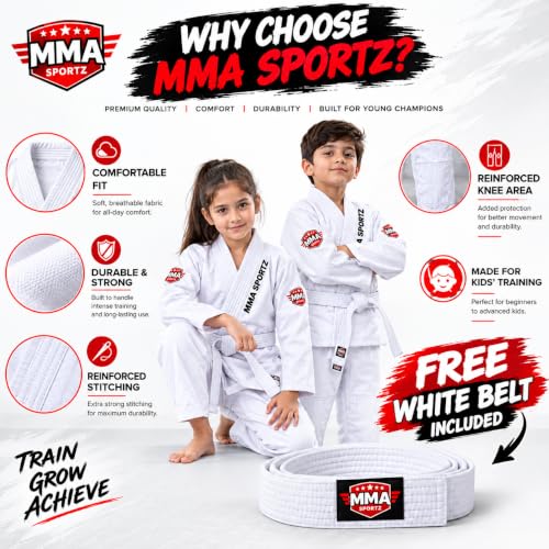 Jiu Jitsu Gi for Kids & Teens – Lightweight Martial Arts Training Suit | 100% Cotton-Poly Blend | Free White Belt - color: White, size: M-00