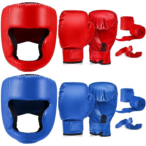 Kanayu 14 Pcs Boxing Gloves and Headgear Set, Beginner - color: Red, Blue