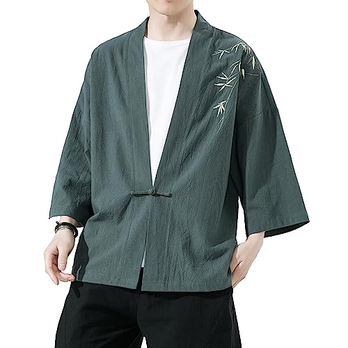Mens Kimono Cardigan Cotton Linen Japanese Shirt 3/4 Sleeve Haori Yukata - color: 35-green, size: Large