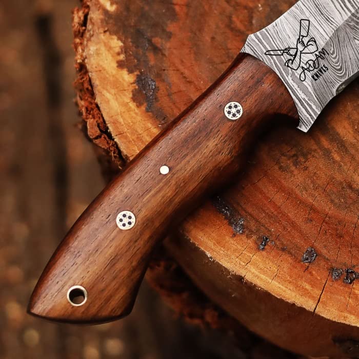 Fixed Blade Damascus Steel Hunting Knife with Leather Sheath, 9'' Full Tang Hunting Skinning Knife,Non-Slip Wooden Handle,Camping Blade (Brown) - color: Brown