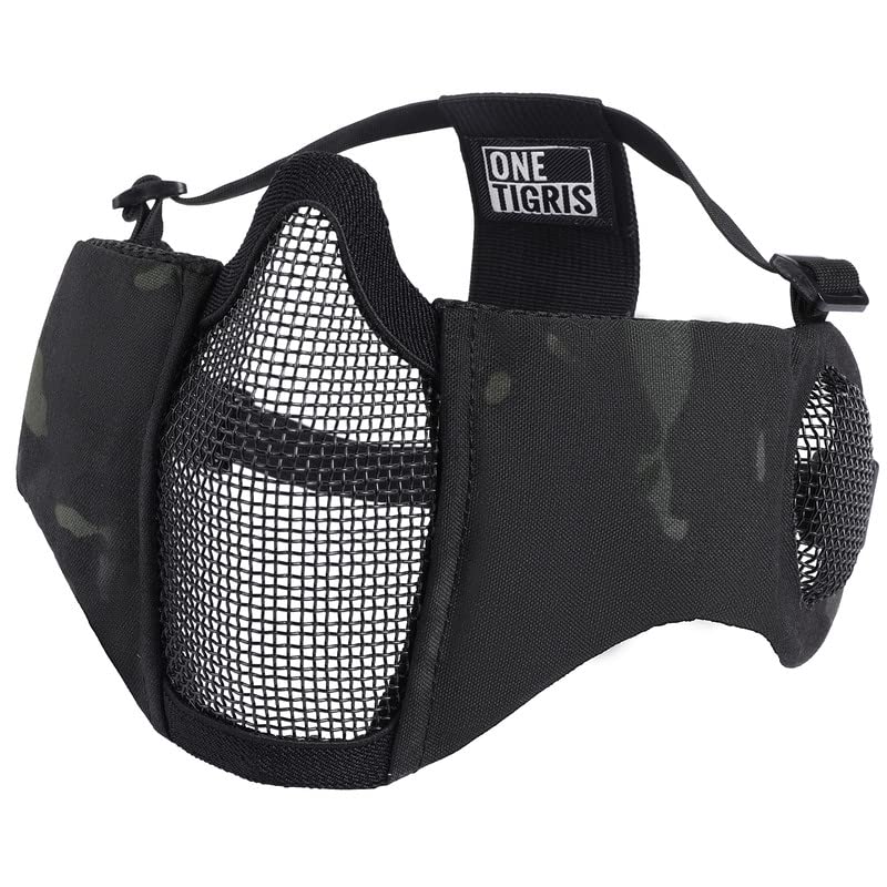 OneTigris Foldable Airsoft Steel Mesh Half Face Mask with Ear Protection - color: Camo Black