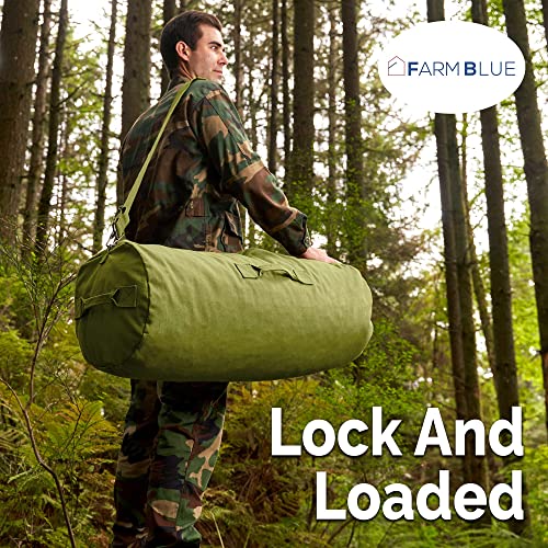Farm Blue GI Style Zipper Duffel Bag OD - L Heavy Duty Army Duffel Bags - Military Grade Cotton Canvas Dufflebag - Reinforced Camping Bag - Strong Zipper & Center Grab Handle - 21" x 36" - Olive Drab - color: OD Green, size: Large