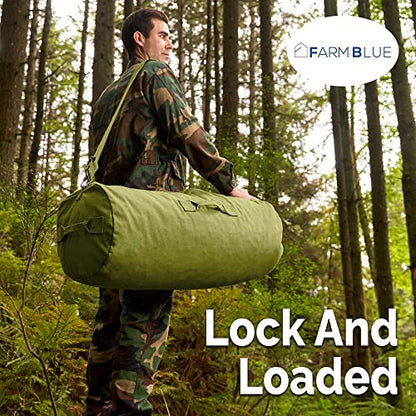Farm Blue GI Style Zipper Duffel Bag OD - L Heavy Duty Army Duffel Bags - Military Grade Cotton Canvas Dufflebag - Reinforced Camping Bag - Strong Zipper & Center Grab Handle - 21" x 36" - Olive Drab - color: OD Green, size: Large