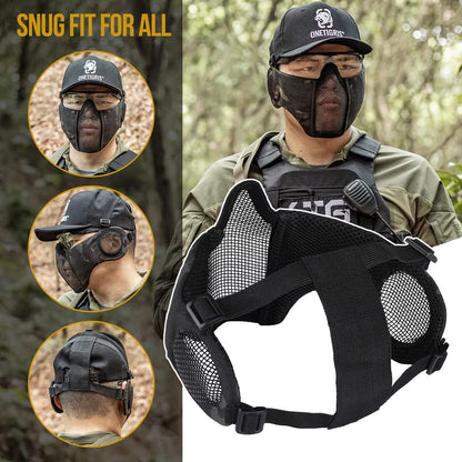 OneTigris Foldable Airsoft Steel Mesh Half Face Mask with Ear Protection - color: Camo Black