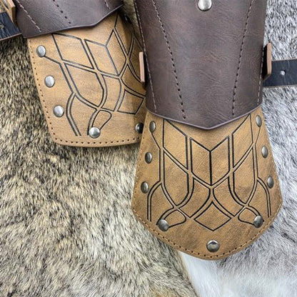 HiiFeuer Medieval Embossed Faux Leather Elf Arm Guards, Fantasy Cosplay Buckle Bracers, Knight Archer Gauntlets for LARP - color: Brown a