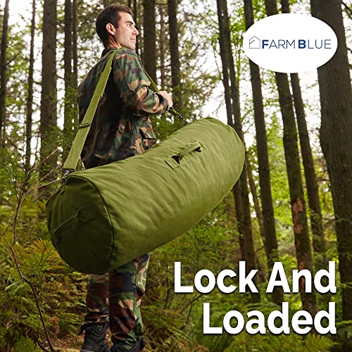 Farm Blue GI Style Zipper Duffle Bag Heavy Duty Army Duffle Bags - Military Grade Cotton Canvas Duffel Bag - Reinforced Camping Bag - Strong Zipper & Center Grab Handle (Olive Drab, X-Large) - color: OD Green, size: XL