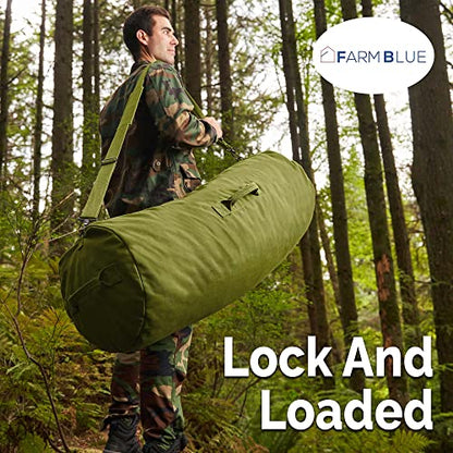 Farm Blue GI Style Zipper Duffle Bag Heavy Duty Army Duffle Bags - Military Grade Cotton Canvas Duffel Bag - Reinforced Camping Bag - Strong Zipper & Center Grab Handle (Olive Drab, X-Large) - color: OD Green, size: XL