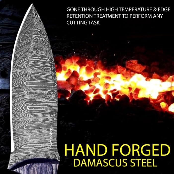 Fixed Blade Damascus Steel Hunting Knife with Leather Sheath 9'' Full Tang Hunting Skinning Knife Non-Slip Wooden Handle Camping Blade (Black) - color: Black