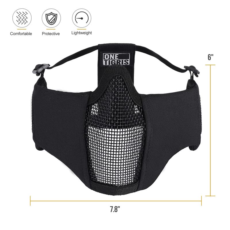 OneTigris Foldable Airsoft Steel Mesh Half Face Mask with Ear Protection - color: Black