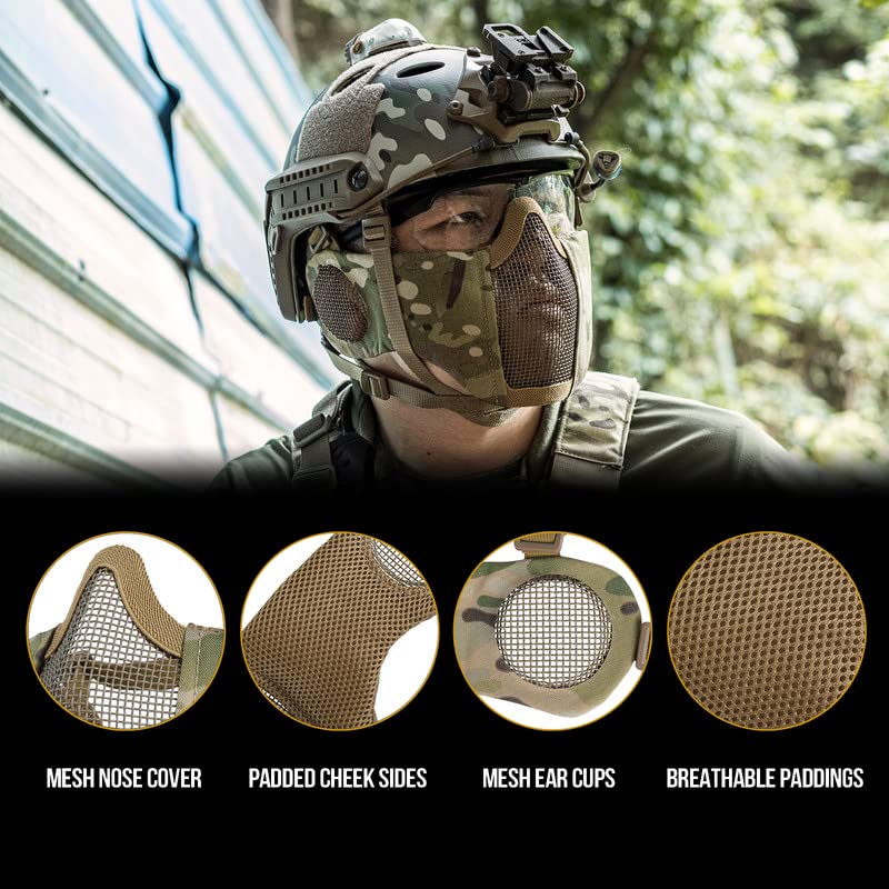 OneTigris Foldable Airsoft Steel Mesh Half Face Mask with Ear Protection - color: Camo Color