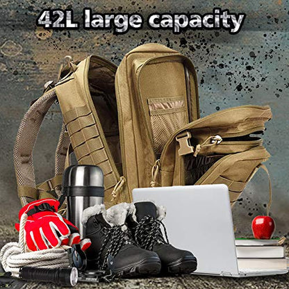 EMDMAK Military Tactical Backpack, 42L Large Military Pack Army 3 Day Assault Pack Molle Bag Rucksack - color: Tan