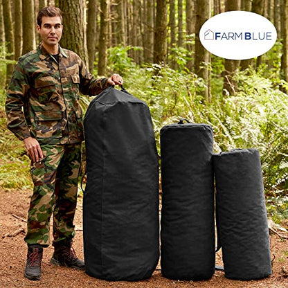 Farm Blue GI Style Zipper Duffel Bag Black - XL Heavy Duty Army Duffle Bags - Military Grade Cotton Canvas Duffle Bag - Reinforced Camping Bag - Strong Zipper & Center Grab Handle (Black, XL) - color: Black, size: XL