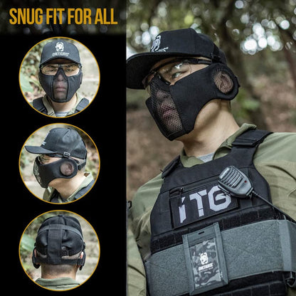 OneTigris Foldable Airsoft Steel Mesh Half Face Mask with Ear Protection - color: Black