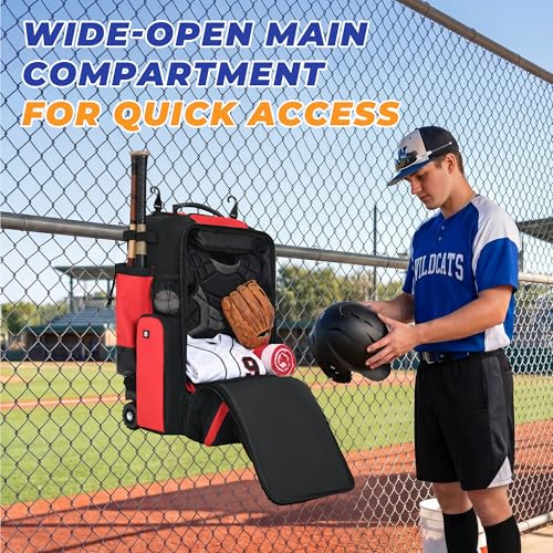 Rolling Baseball Bag with Wheels, 70L Baseball Backpack - color: Red