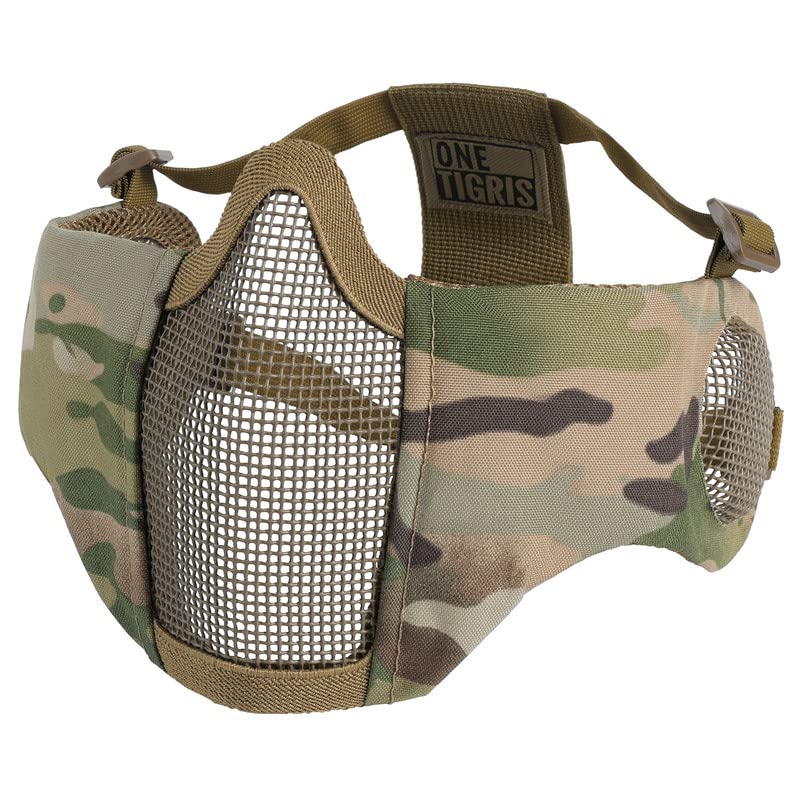 OneTigris Foldable Airsoft Steel Mesh Half Face Mask with Ear Protection - color: Camo Color