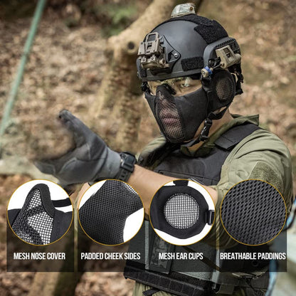 OneTigris Foldable Airsoft Steel Mesh Half Face Mask with Ear Protection - color: Black