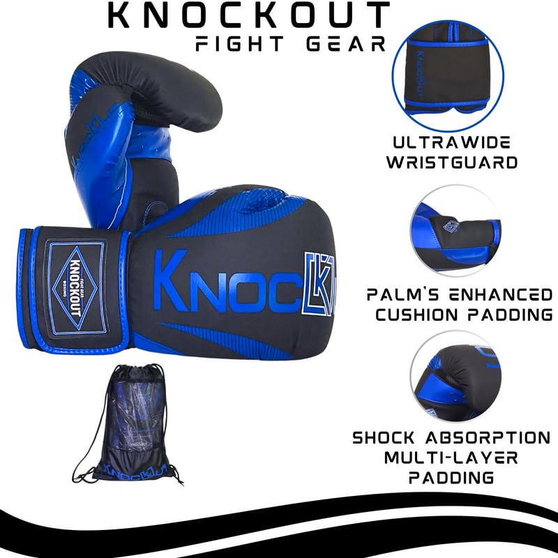 Knockout Elite Boxing Gloves 2 Pair Set, Complete Kit with Hand Wraps, Bag Pack, and Mouth Guard - Size 8oz-16oz-All Color Available - color: Blue / Red, size: 16 oz