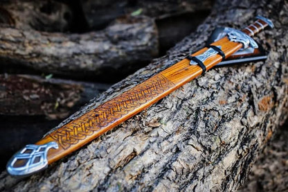 Qepaa Crafts®Handmade Damascus Steel Real Viking Style Sword | Full Tang Blade with Wooden Handle and Scabbard | Collectible Medieval Replica|Gift for him - color: Brown Handle Sword
