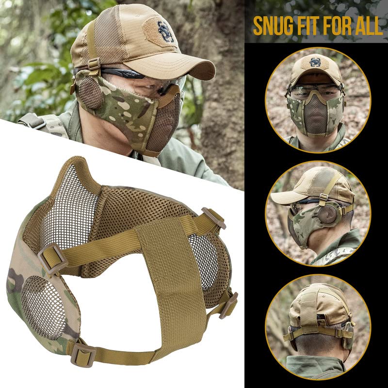 OneTigris Foldable Airsoft Steel Mesh Half Face Mask with Ear Protection - color: Camo Color