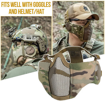 OneTigris Foldable Airsoft Steel Mesh Half Face Mask with Ear Protection - color: Camo Color