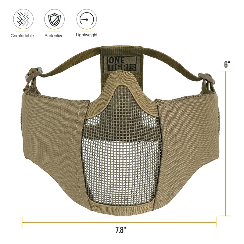 OneTigris Foldable Airsoft Steel Mesh Half Face Mask with Ear Protection - color: Tan