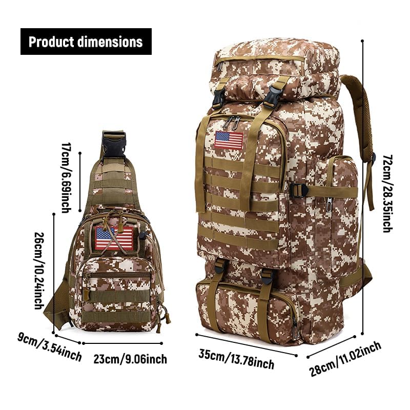 JUMAHE 80L 2-Pack Hiking Backpack for Men with Sling Tactical Backpack - Rucksack Molle Military Tactical Waterproof Lightweight Camping Backpack 3 Day Assault Pack for Travel, Climbing, Backpacking - color: 80l Desert - Pro(900d Fabric) + Sling Bag Bundl