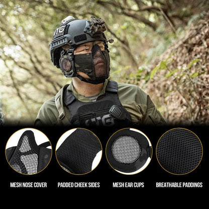 OneTigris Foldable Airsoft Steel Mesh Half Face Mask with Ear Protection - color: Camo Black